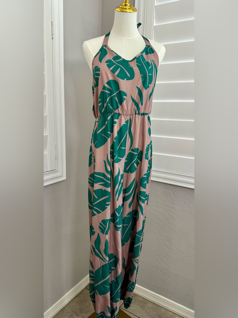 Sleeveless Leaf Print Romper - Green & Tan